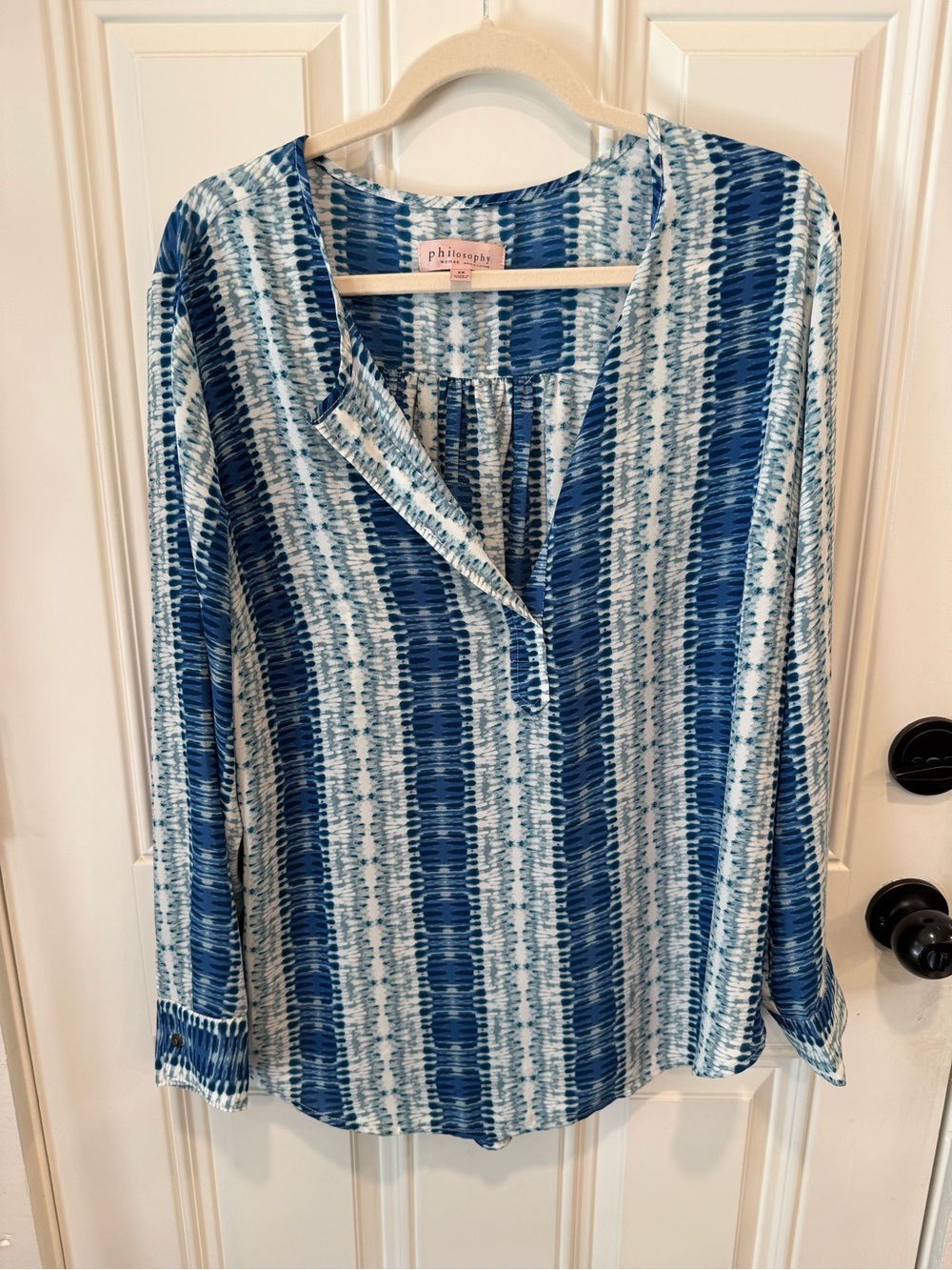Philosophy Blue & White Striped Tie-dye V-Neck Long Sleeve Blouse